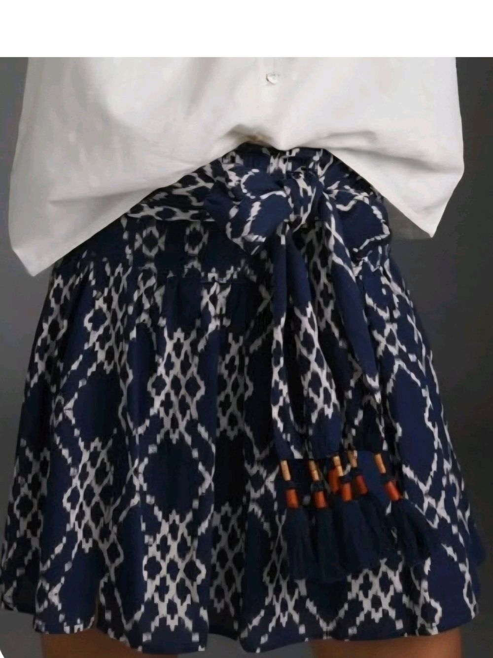 Navy and White Ikat Tie-Waist Mini Skirt with Tassel Accents